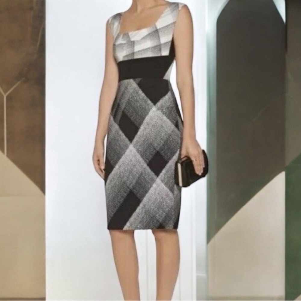 Roland Mouret Ivory/Black/Grey Mixed Media Plaid Sheath Dress Sz 6‎